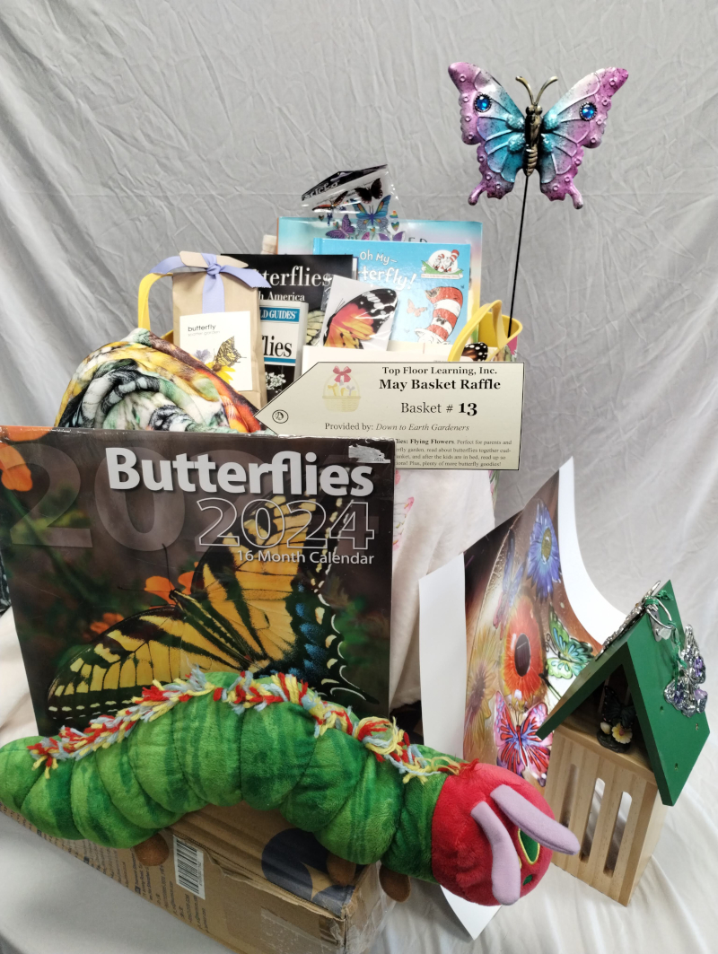 basket full of butterfly stuff! most obvious are the stuffed Very Hungry Caterpillar doll, books, stickers, prints, calendar, butterfly house, more are obvious but indiscernible. 