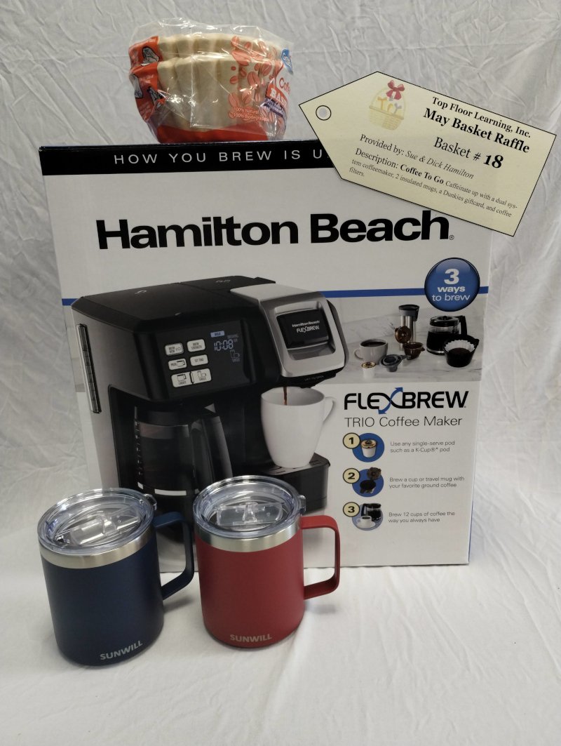 photograph of a two-method coffee maker in box with two insulated mugs in front and a package of coffee filters on top