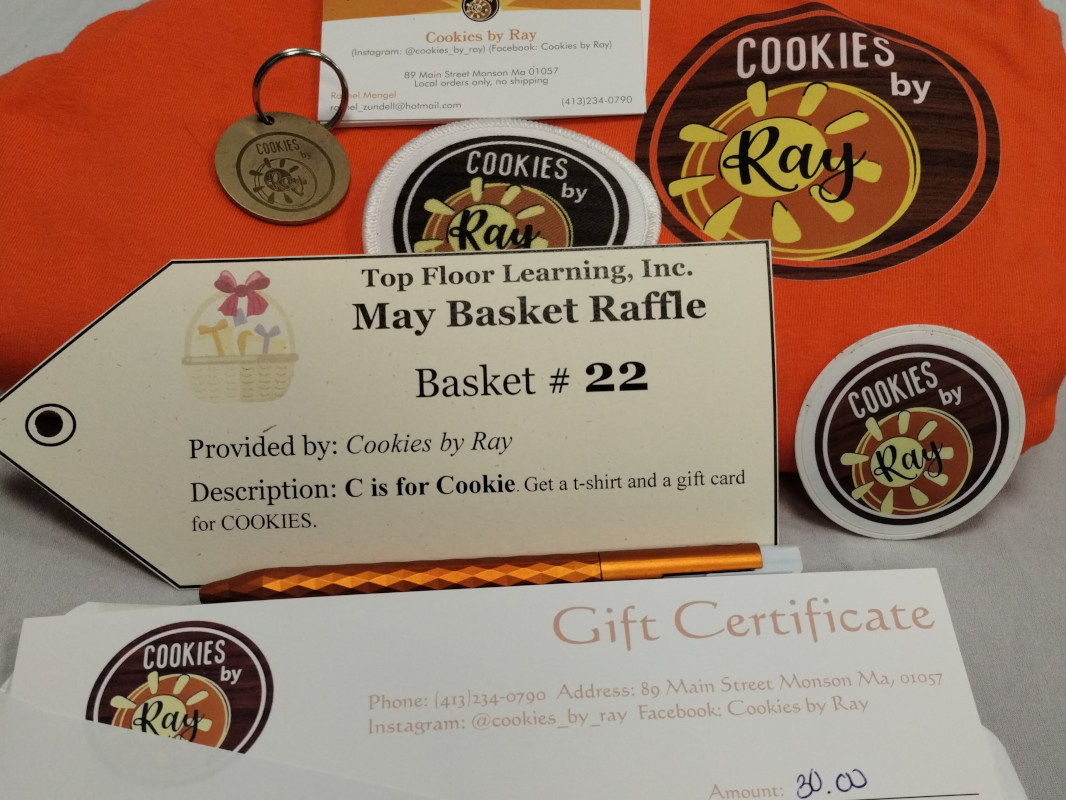 photograph of a tee-shirt with the Cookies by Ray logo, a gift certificate for $30, stickers, patch, keychain, and business card