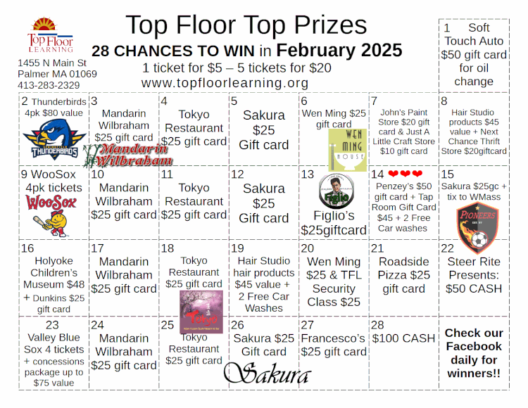 a graphic calendar of the month's prizes; prizes are listed below the rules on this page